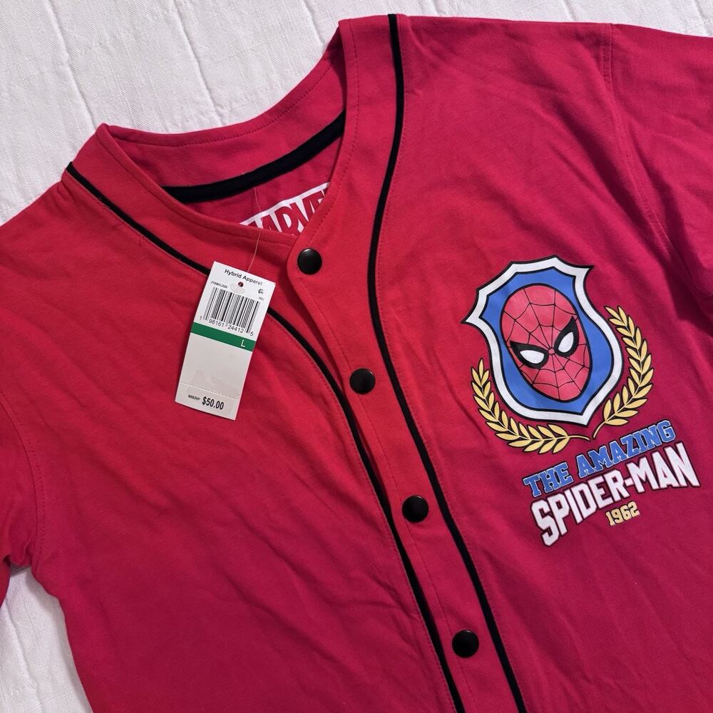 Spiderman Big Boys Baseball Graphic Tee LARGE Red/Black Button Up NEW - Picture 2 of 7
